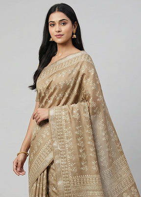 Cream Printed Silk Saree Without Blouse Piece