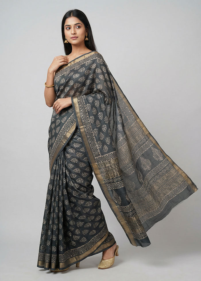 Black Printed Silk Saree Without Blouse Piece