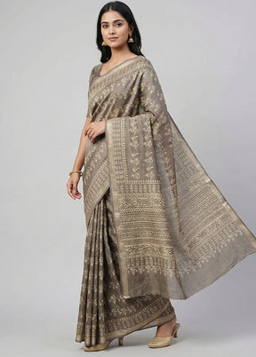 Cream Printed Silk Saree Without Blouse Piece