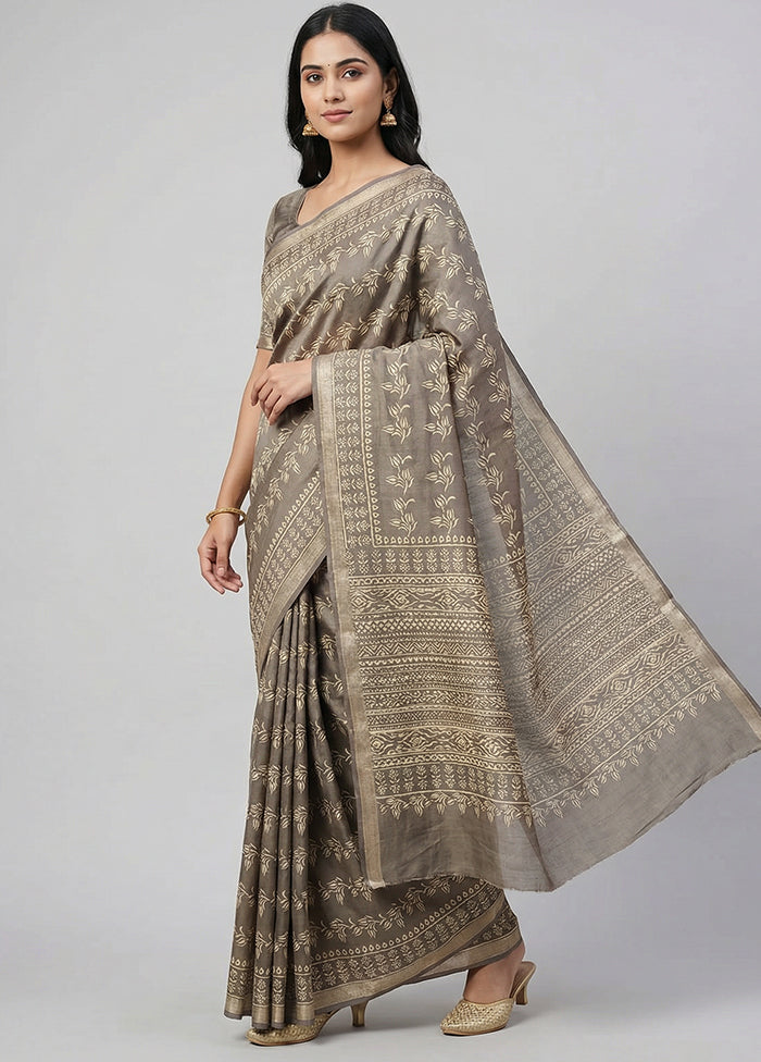 Cream Printed Silk Saree Without Blouse Piece