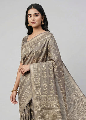 Cream Printed Silk Saree Without Blouse Piece