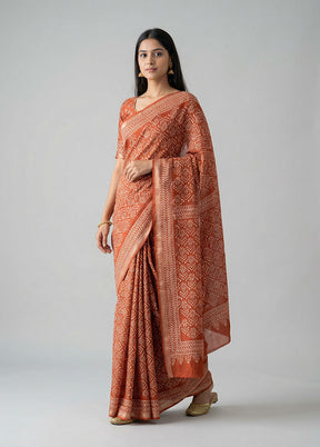 Red Printed Silk Saree Without Blouse Piece