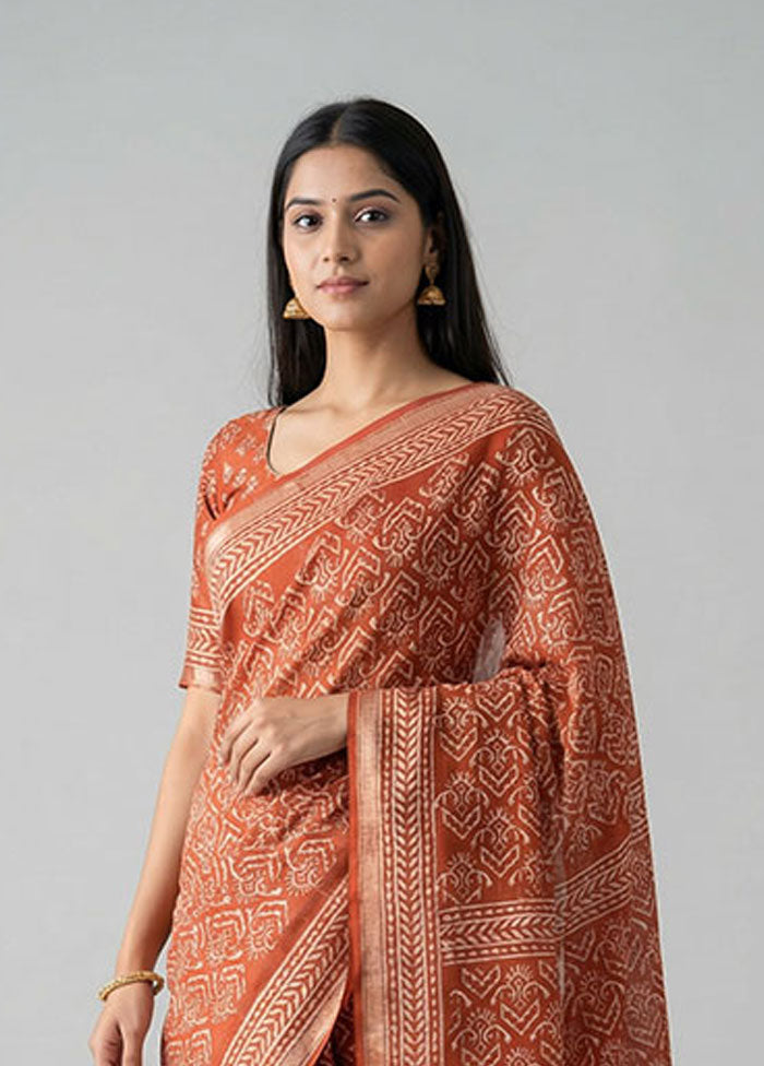 Red Printed Silk Saree Without Blouse Piece