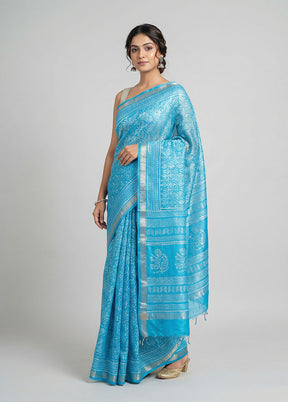 Blue Printed Silk Saree Without Blouse Piece