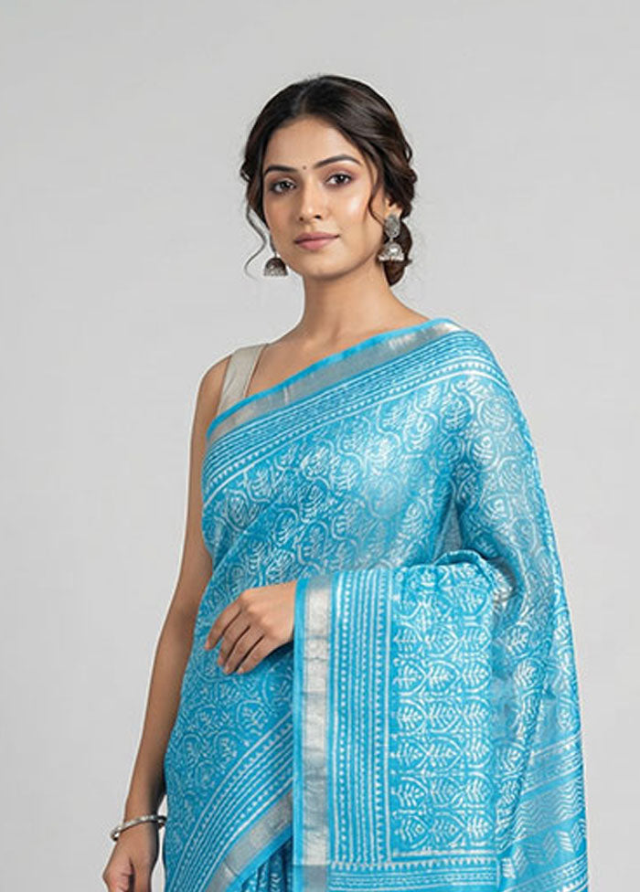Blue Printed Silk Saree Without Blouse Piece