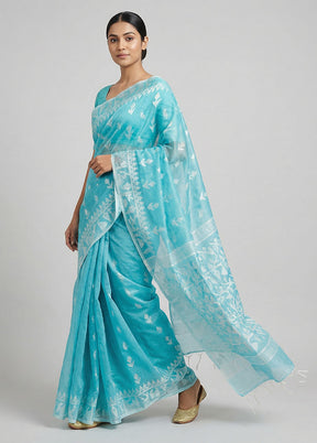 Blue Organza Saree With Blouse Piece