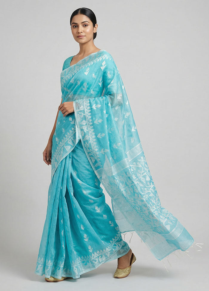 Blue Organza Saree With Blouse Piece