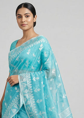 Blue Organza Saree With Blouse Piece