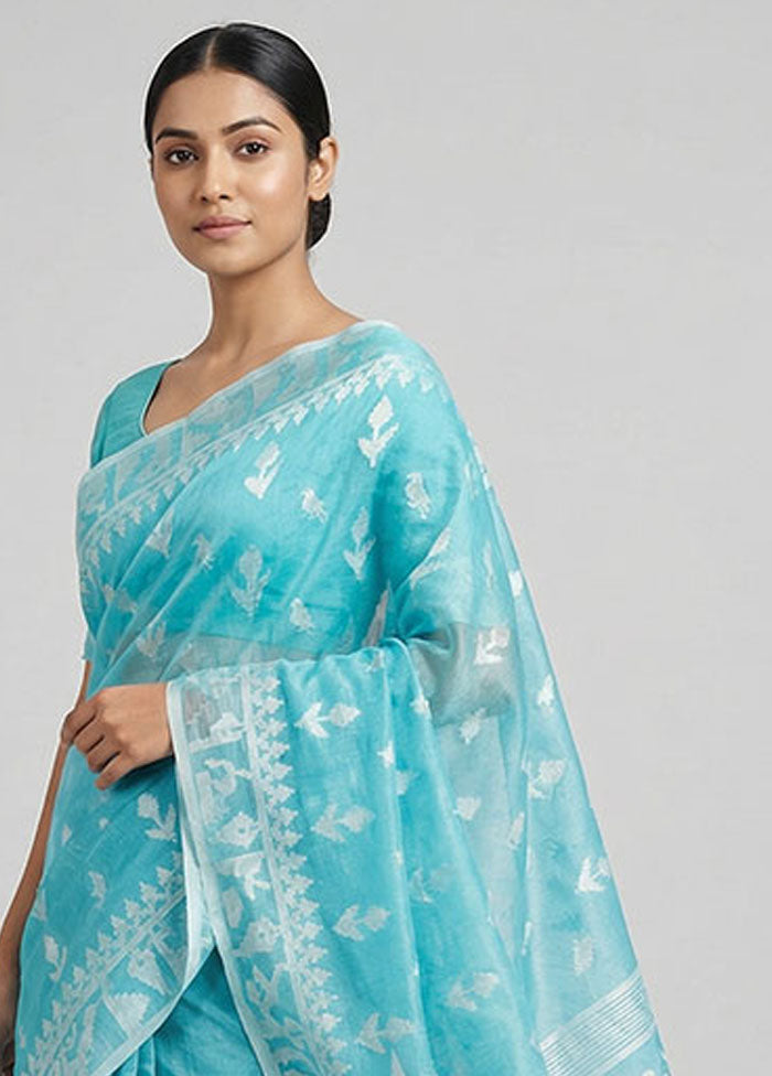 Blue Organza Saree With Blouse Piece