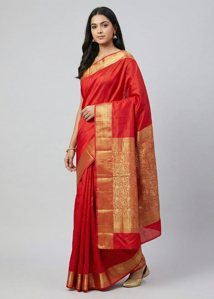 Red Handloom Kanchipuram Pure Silk Saree With Blouse Piece