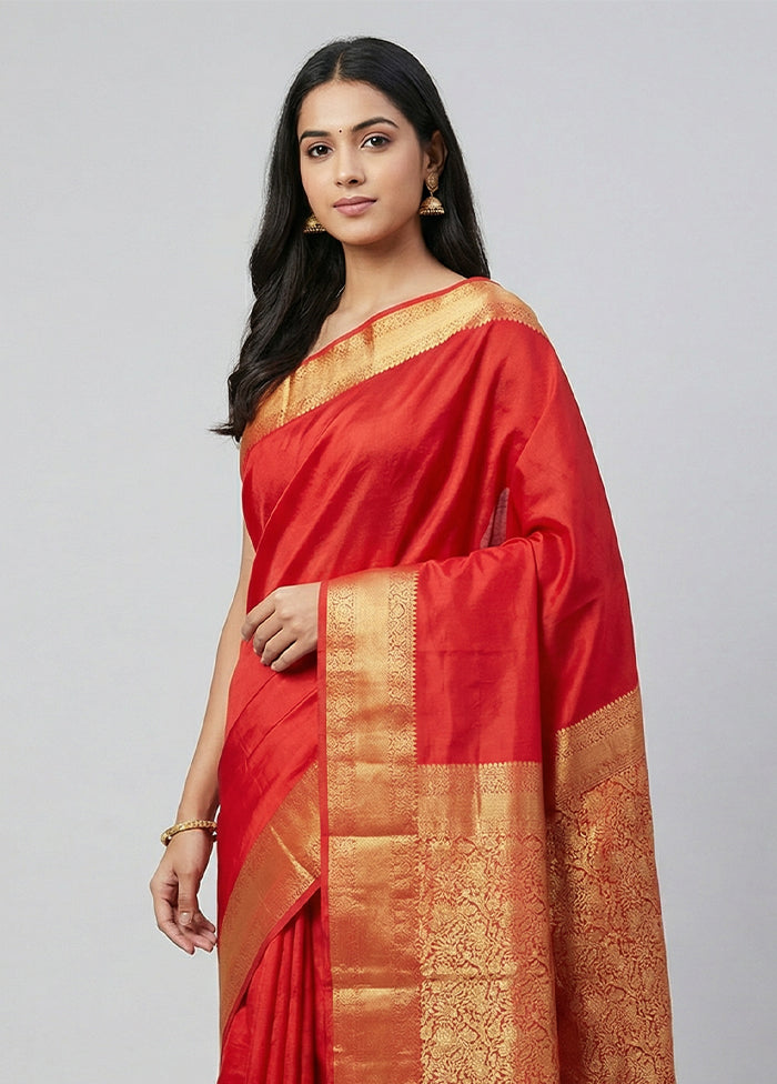 Red Handloom Kanchipuram Pure Silk Saree With Blouse Piece