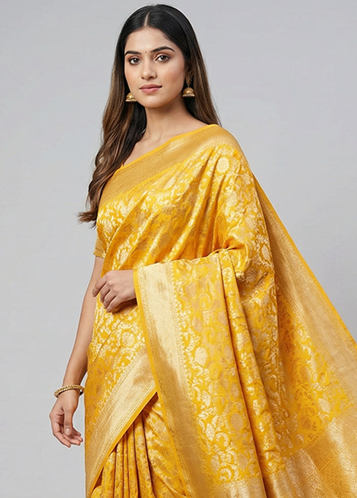 Yellow Handloom Kanchipuram Pure Silk Saree With Blouse Piece