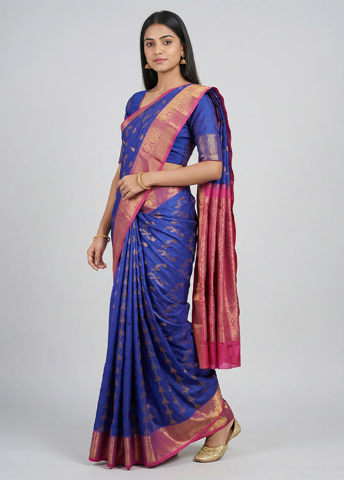Blue Dupion Silk Saree With Blouse Piece