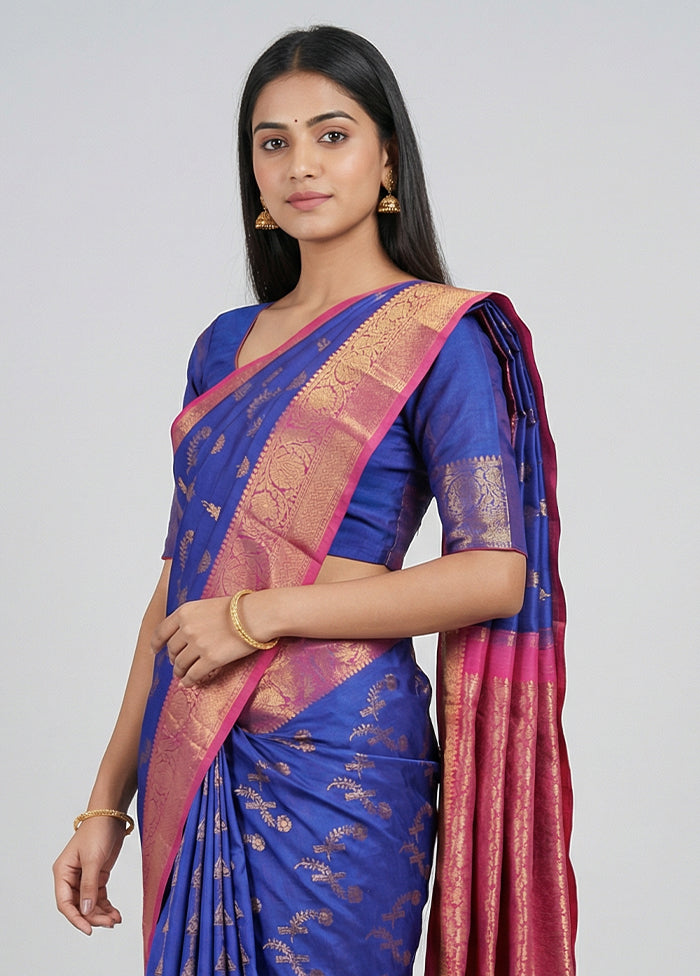 Blue Dupion Silk Saree With Blouse Piece