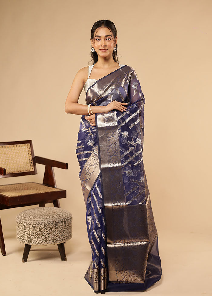 Blue Organza Saree With Blouse Piece