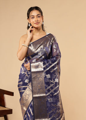 Blue Organza Saree With Blouse Piece