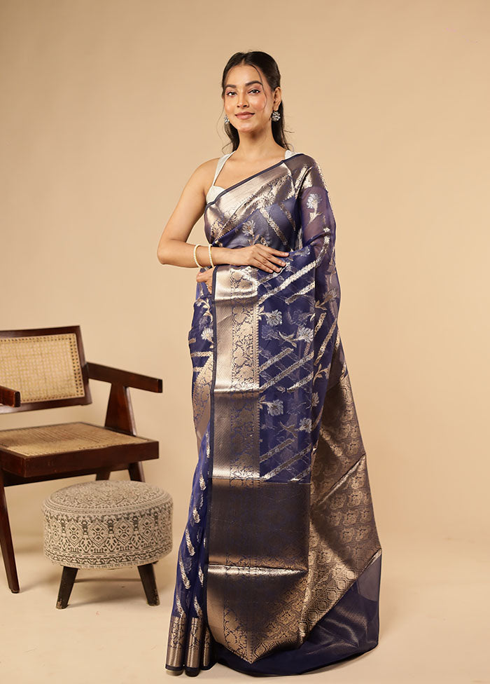 Blue Organza Saree With Blouse Piece