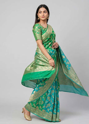 Green Handloom Pure Georgette Saree With Blouse Piece
