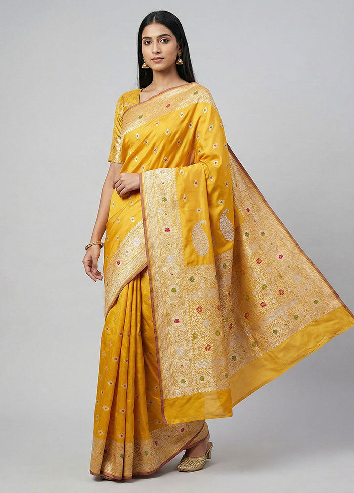 Yellow Handloom Katan Pure Silk Saree With Blouse Piece