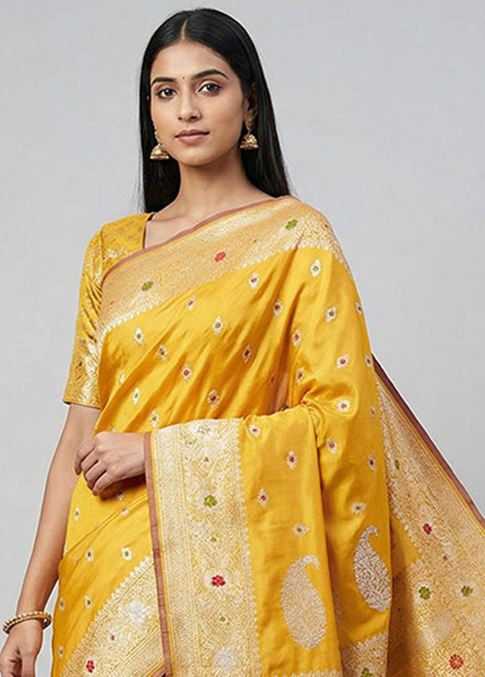 Yellow Handloom Katan Pure Silk Saree With Blouse Piece