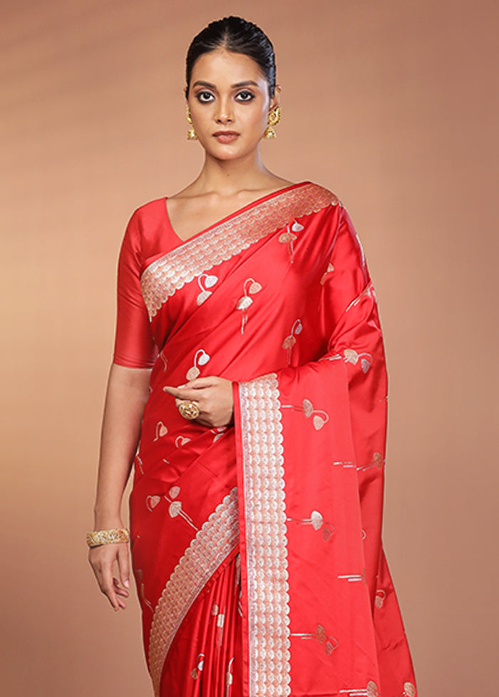 Red Handloom Banarasi Pure Silk Saree With Blouse Piece