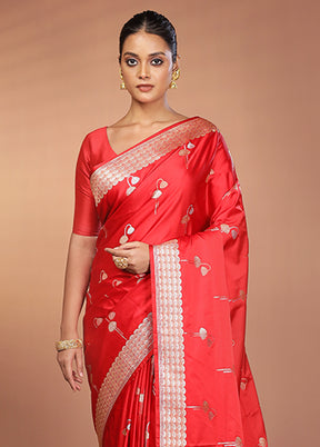Red Handloom Banarasi Pure Silk Saree With Blouse Piece