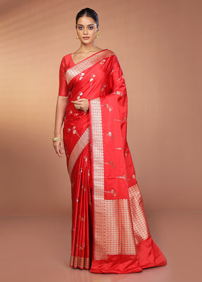 Red Handloom Banarasi Pure Silk Saree With Blouse Piece