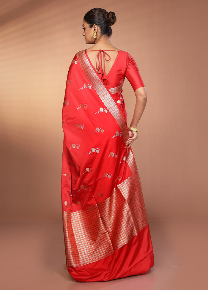 Red Handloom Banarasi Pure Silk Saree With Blouse Piece