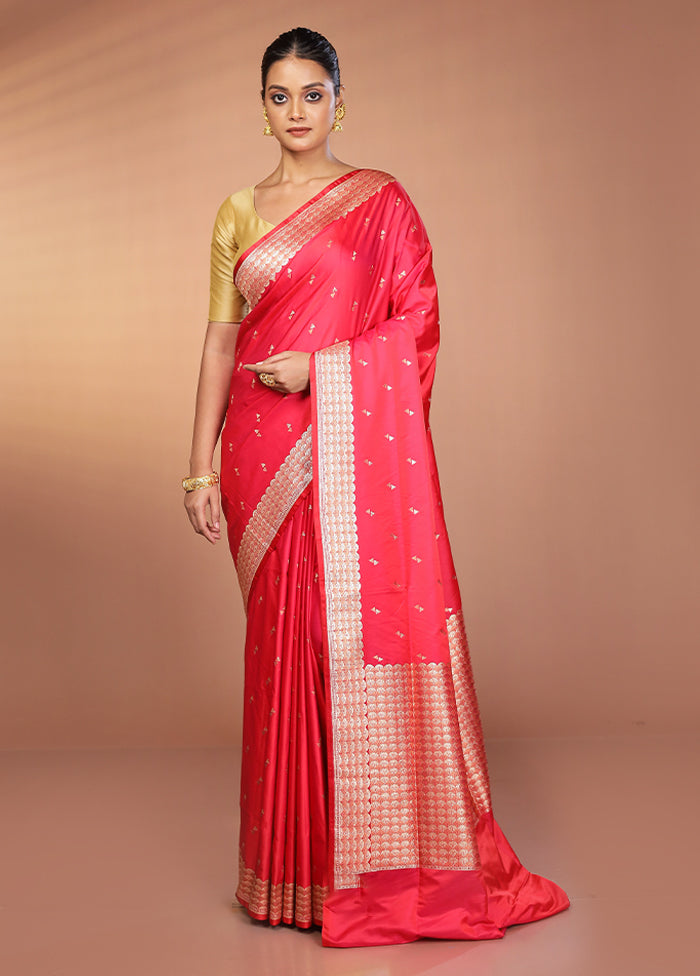 Pink Handloom Banarasi Pure Silk Saree With Blouse Piece