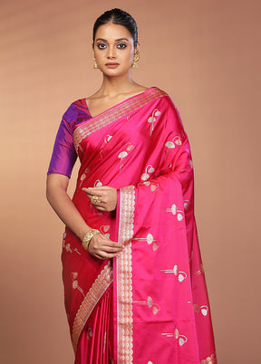 Pink Handloom Banarasi Pure Silk Saree With Blouse Piece