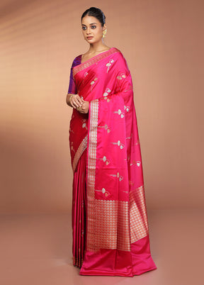 Pink Handloom Banarasi Pure Silk Saree With Blouse Piece
