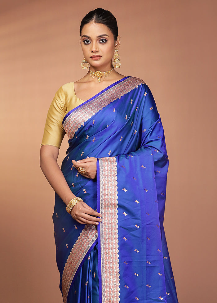 Blue Handloom Banarasi Pure Silk Saree With Blouse Piece