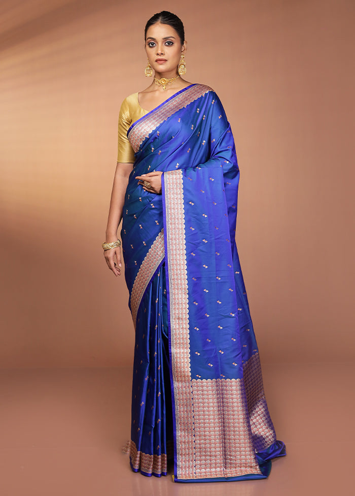 Blue Handloom Banarasi Pure Silk Saree With Blouse Piece
