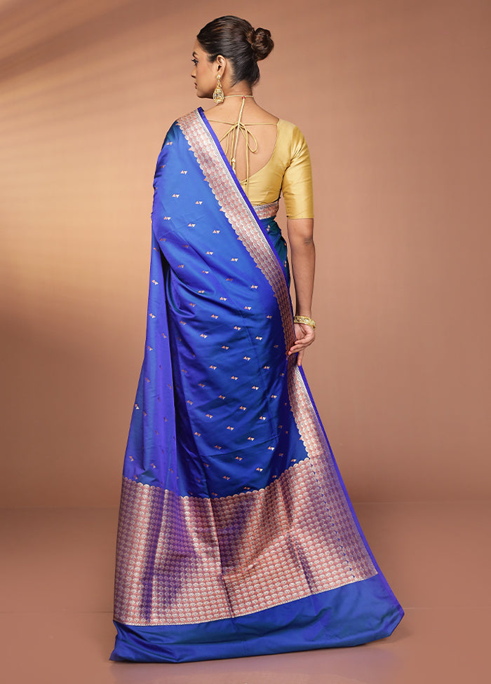 Blue Handloom Banarasi Pure Silk Saree With Blouse Piece
