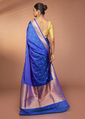 Blue Handloom Banarasi Pure Silk Saree With Blouse Piece