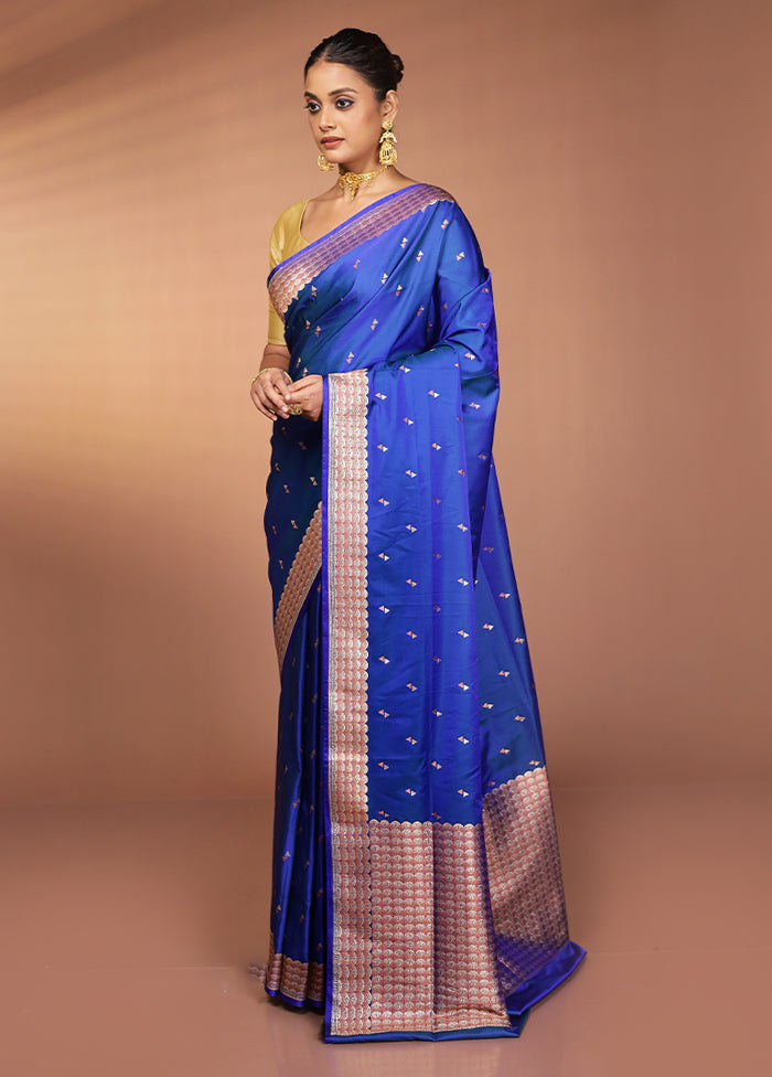 Blue Handloom Banarasi Pure Silk Saree With Blouse Piece