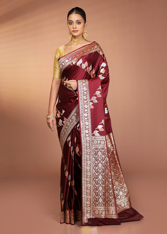 Maroon Handloom Banarasi Pure Silk Saree With Blouse Piece