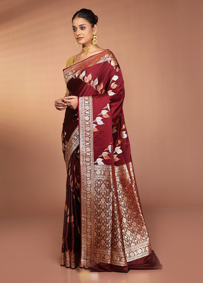 Maroon Handloom Banarasi Pure Silk Saree With Blouse Piece