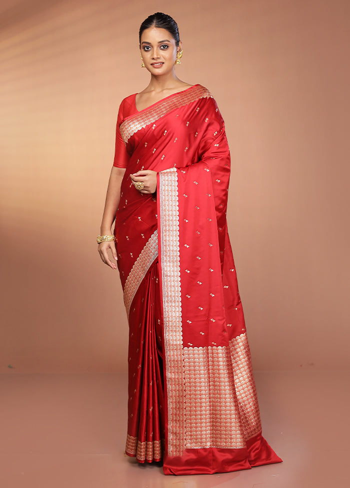 Maroon Handloom Banarasi Pure Silk Saree With Blouse Piece