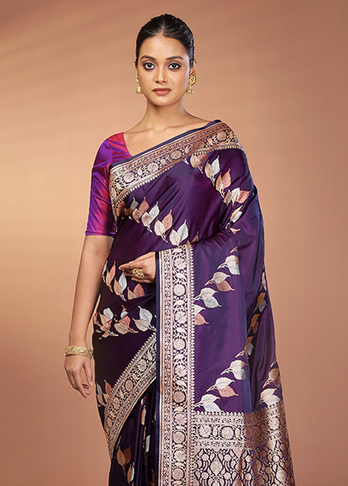 Purple Handloom Banarasi Pure Silk Saree With Blouse Piece