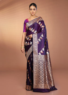 Purple Handloom Banarasi Pure Silk Saree With Blouse Piece