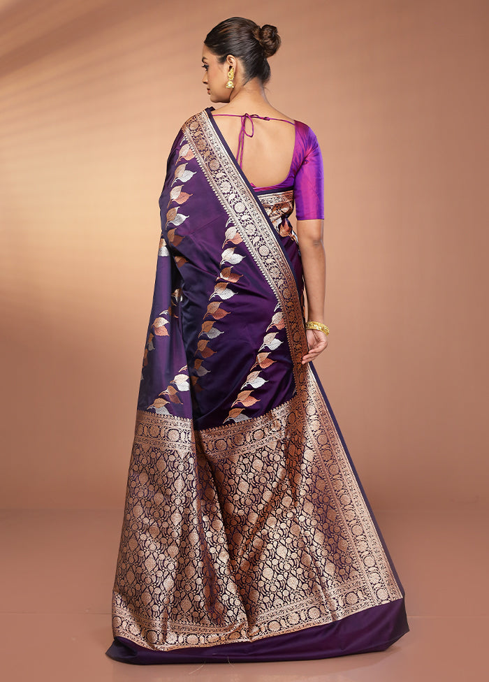 Purple Handloom Banarasi Pure Silk Saree With Blouse Piece