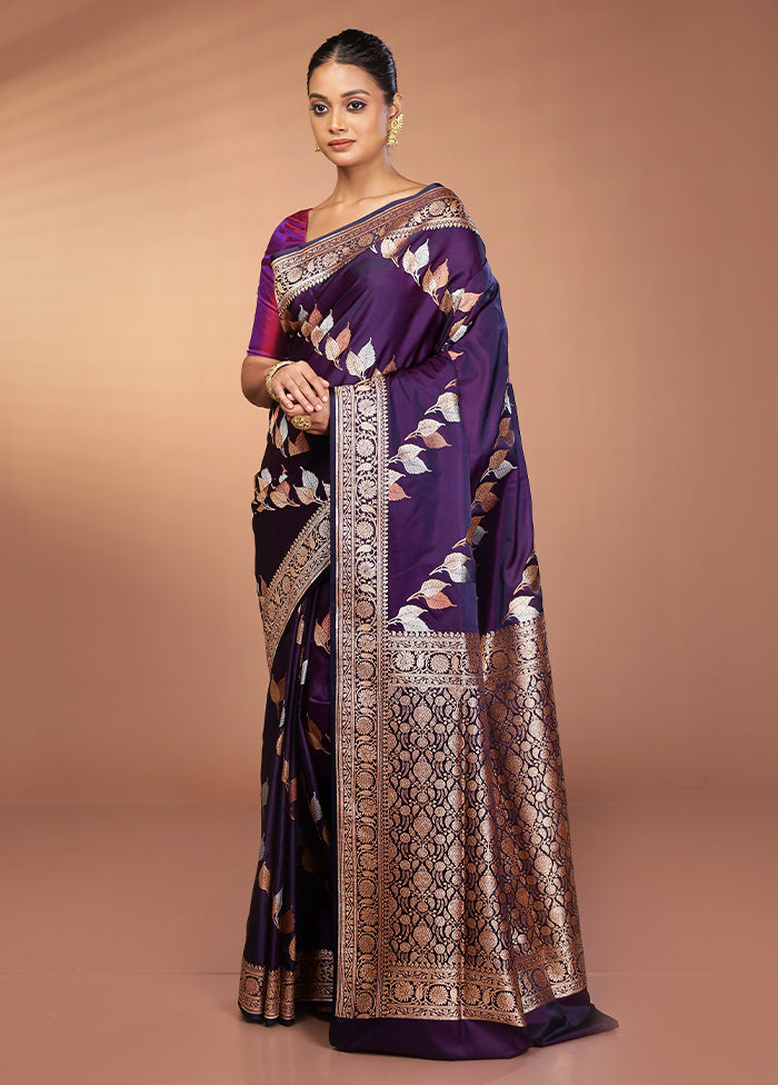 Purple Handloom Banarasi Pure Silk Saree With Blouse Piece