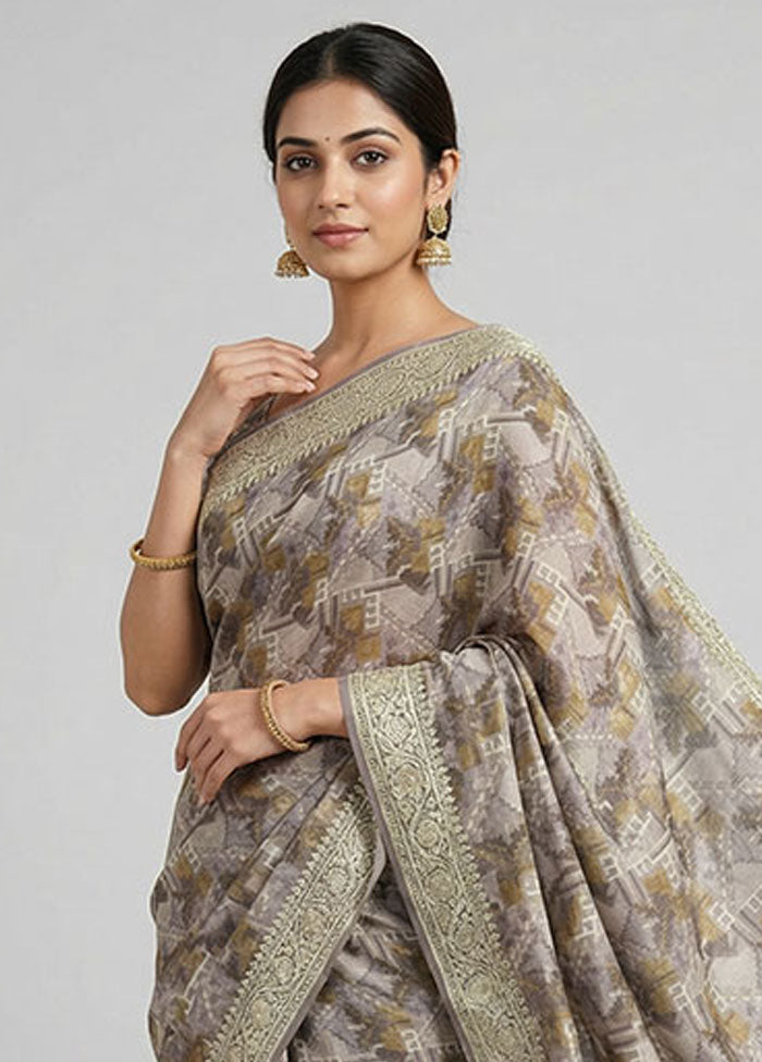 Cream Chiffon Silk Saree With Blouse Piece