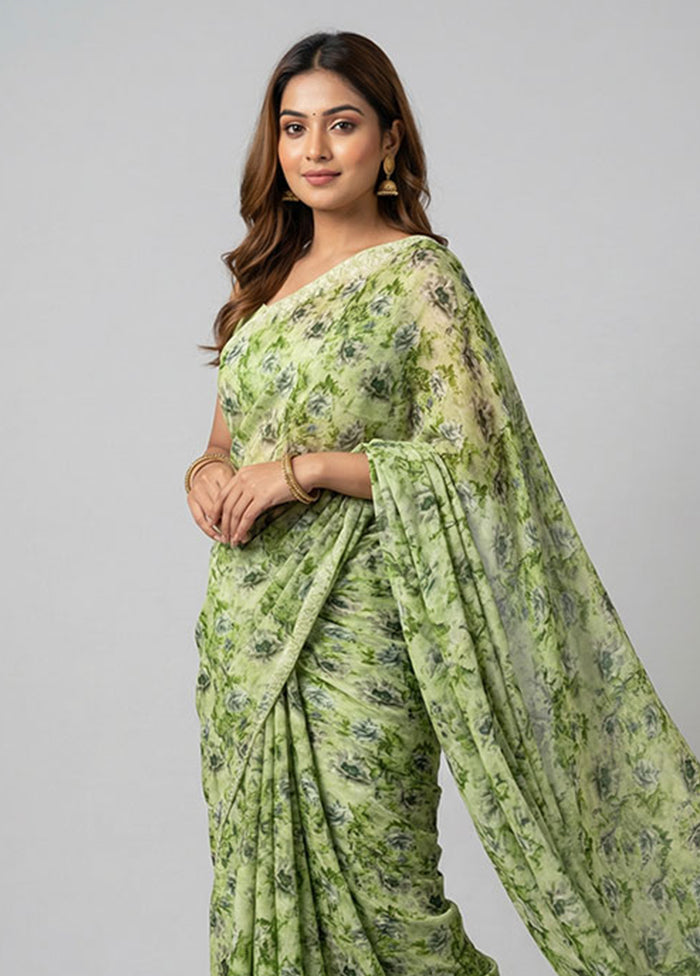 Green Chiffon Silk Saree With Blouse Piece