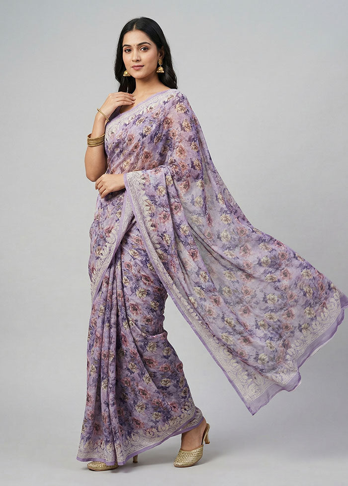 Purple Chiffon Silk Saree With Blouse Piece