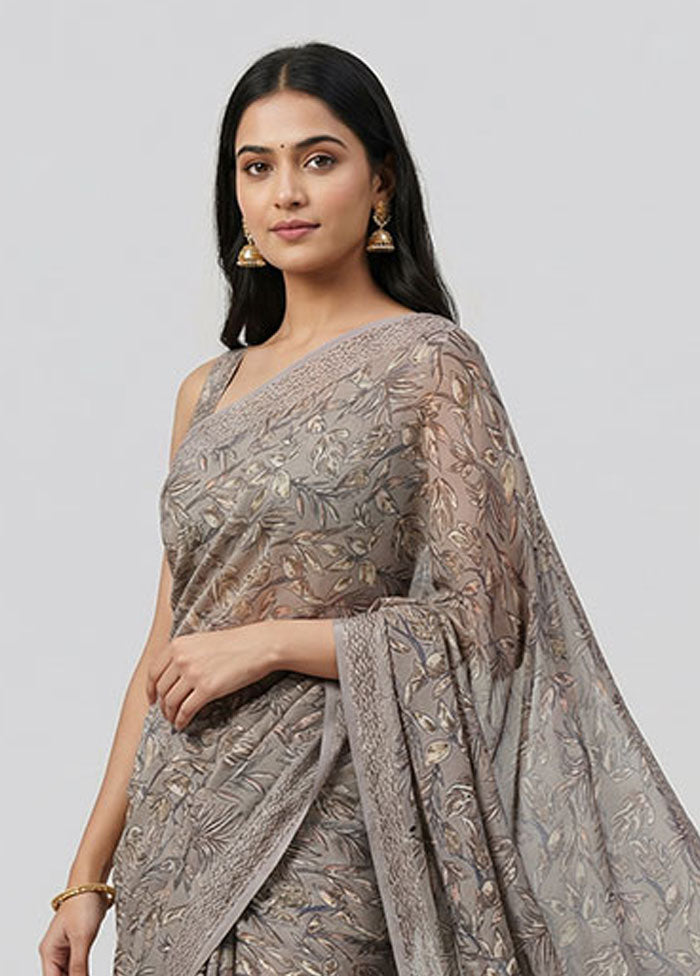 Grey Chiffon Silk Saree With Blouse Piece