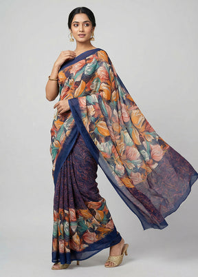 Blue Chiffon Silk Saree With Blouse Piece