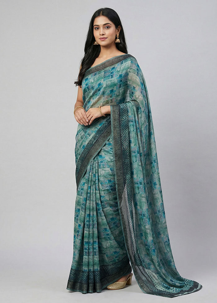 Blue Chiffon Silk Saree With Blouse Piece
