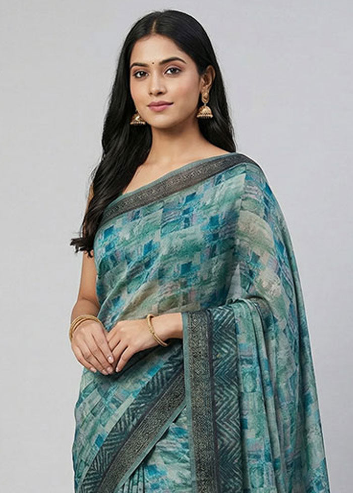 Blue Chiffon Silk Saree With Blouse Piece
